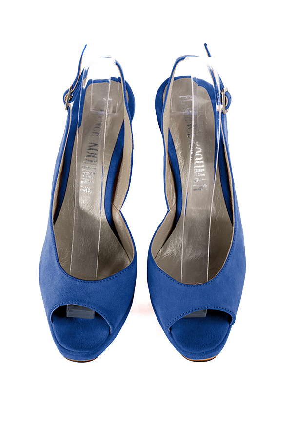 Electric blue women's slingback sandals. Round toe. Very high slim heel with a platform at the front. Top view - Florence KOOIJMAN